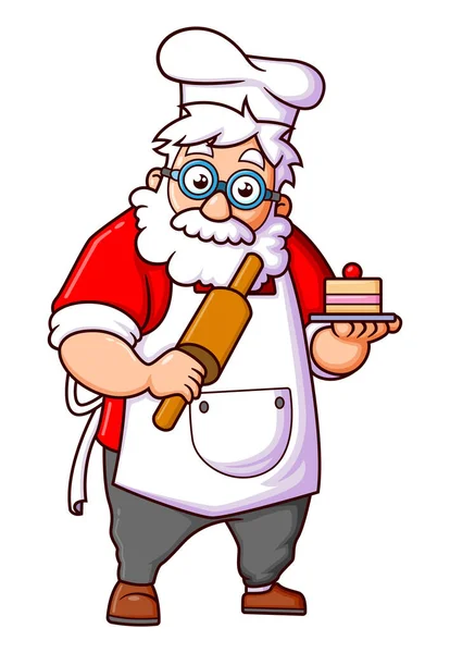 Santa Claus Baking Making Cute Cake Christmas Party Illustration — Stock Vector