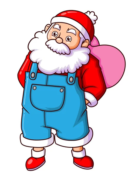 Farmář Santa Claus Stojí Drží Velký Růžový Pytel Zadní Straně — Stockový vektor