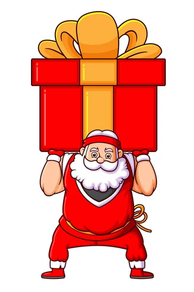 Δυνατός Άγιος Βασίλης Κρατάει Μεγάλο Κουτί Δώρου Και Σηκώνεται Χέρι — Διανυσματικό Αρχείο