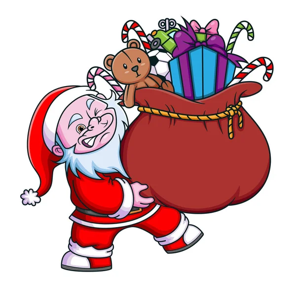 Nain Yéti Avec Costume Père Noël Tient Grand Sac Plein — Image vectorielle