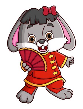 Geleneksel Çin elbisesi giyen Tavşan Cheongsam ve Çin illüstrasyon hayranı