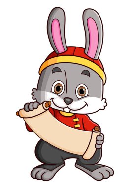 Geleneksel Çin elbisesi giyen sevimli tavşan Cheongsam ve elinde bir illüstrasyon mektubu tutuyor.