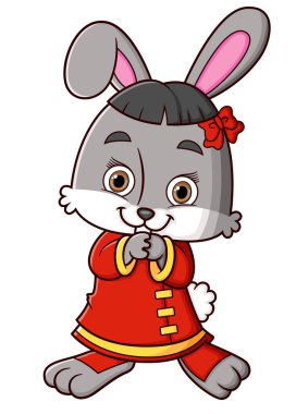 Geleneksel Çin elbisesi giyen, ayakta duran, gülümseyen ve resimlerin el ele tutuşan sevimli tavşan.