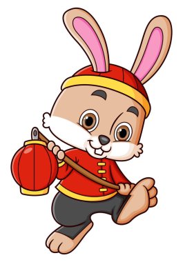 Tavşan geleneksel Çin elbisesi giyiyor ve Çin Yeni Yılı için Çin kırmızı feneri taşıyor.