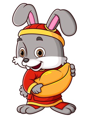 Tavşan geleneksel Çin elbisesi giyiyor ve elinde büyük bir resimden altın taşıyor.