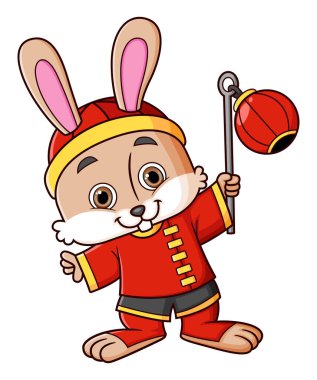 Geleneksel Çin elbisesi giyen ve Çin kırmızı feneri taşıyan sevimli tavşan.