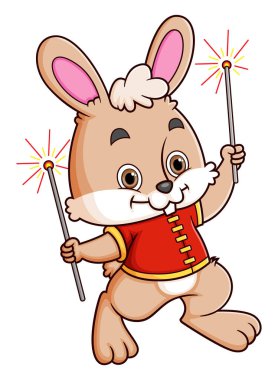 Geleneksel Çin elbisesi giyen ve havai fişek taşıyan sevimli tavşan.