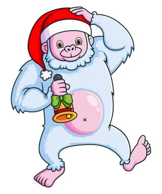 Dost canlısı Yeti Noel Baba şapkası takıyor ve resim çanı çalıyor.