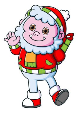 Tatlı yeti Noel Baba kostümü giyip bir illüstrasyon hediyesi saklıyor.