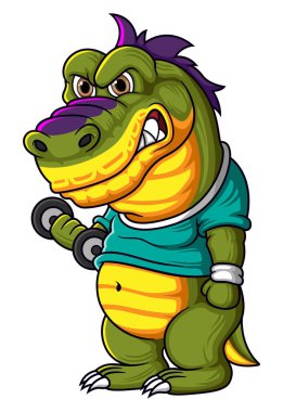 Dambıl ağırlıklı dinozor karakteri resimli spor salonu pozu veriyor.