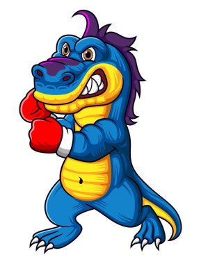 Güçlü dinozor, resimli kırmızı boks eldivenleri kullanıyor.