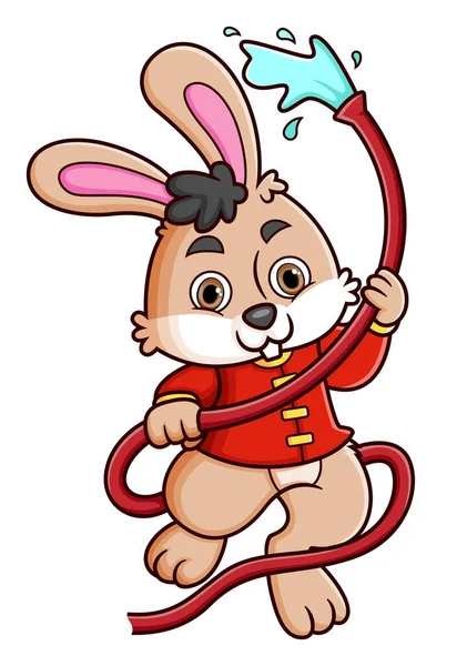 Rabbit Wearing Red Clothes Chinese Traditional Playing Water Hose Illustration — Stock Vector