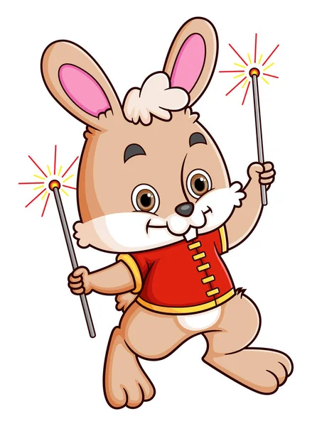 Geleneksel Çin elbisesi giyen ve havai fişek taşıyan sevimli tavşan.