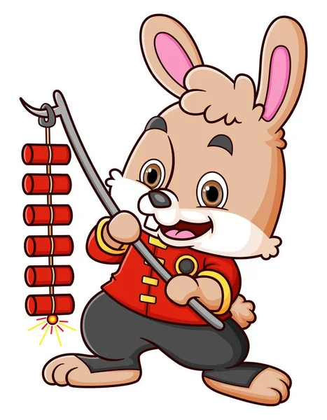 Cute Rabbit Wearing Chinese Traditional Dress Holding Hanging Firecrackers Illustration — Stock Vector
