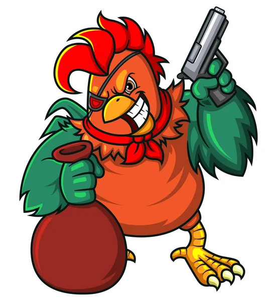 Robber Rooster Holding Gun Illustration — Stock Vector