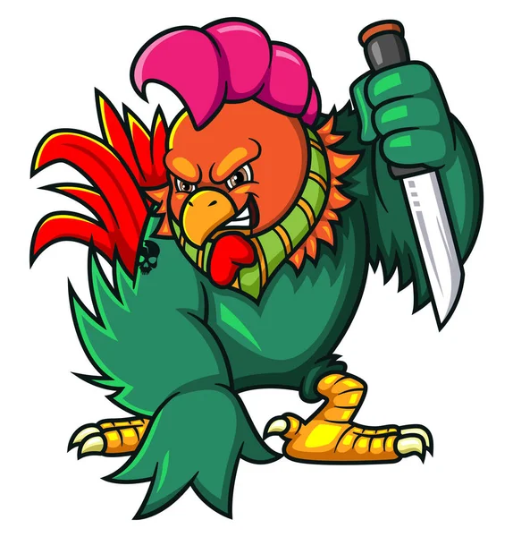 Strong Rooster Holding Knife Illustration — Stock Vector