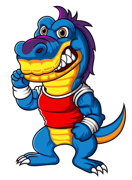 Kırmızı illüstrasyon tişörtü kullanan güçlü dinozor karakteri