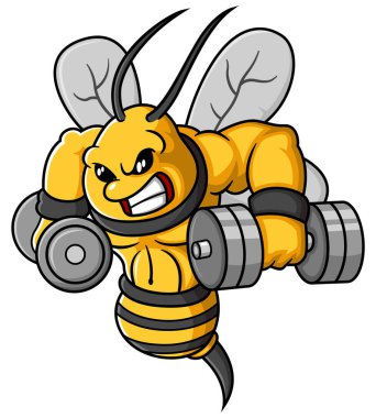 cartoon strong bee exercise with dumbbells of illustration