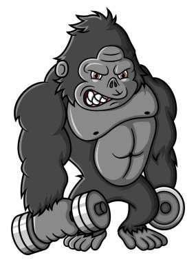 cartoon strong gorilla exercise with dumbbells of illustration