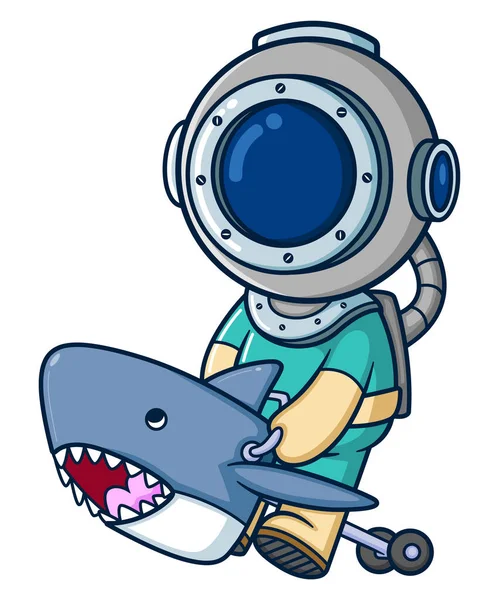 Diver Playing Toy Shark Illustration — Archivo Imágenes Vectoriales
