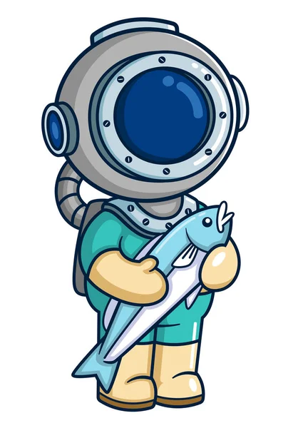 Diver Holding Big Fish Illustration — Archivo Imágenes Vectoriales