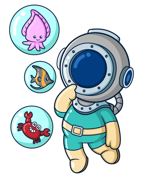 Diver Confusing Option Sea Animal Playing Together Illustration — 스톡 벡터