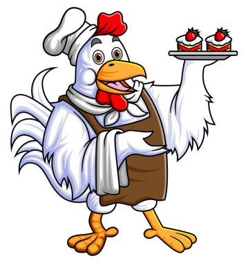 Restoran garsonu gibi giyinmiş bir horoz lezzetli resimlerle dolu bir tabak getirir.