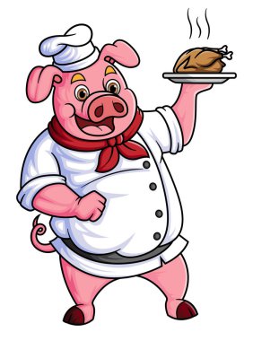 Profesyonel şef olarak çalışan tombul bir çizgi film domuzu. Bir tabak kızarmış tavuk taşıyor.