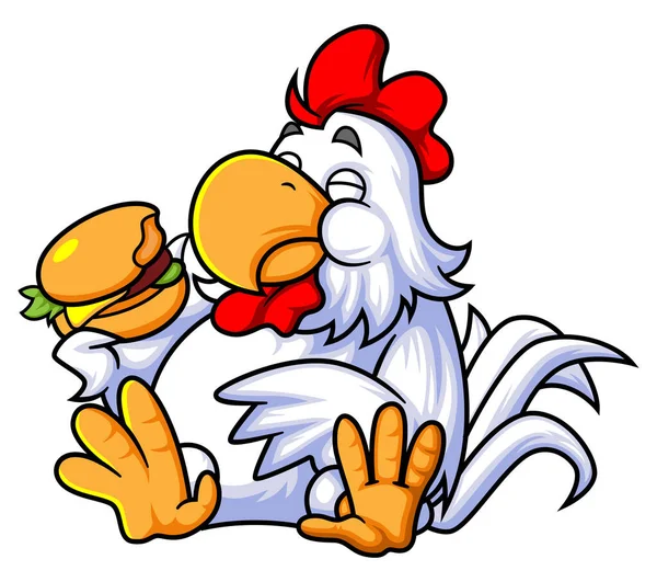 Cute Rooster Eats Big Delicious Hamburger Illustration — Stock Vector