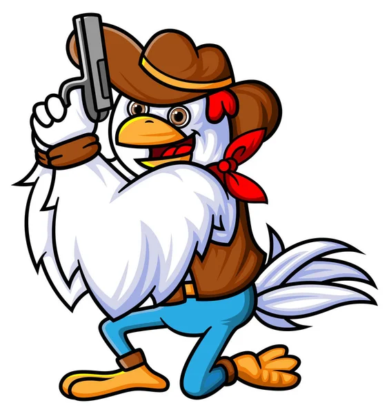 一只穿着牛仔帽服装的公鸡拿着一把画枪在行动 — 图库矢量图片