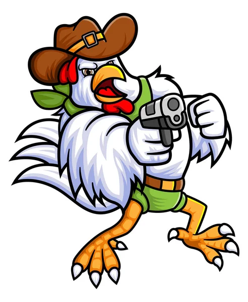 カウボーイの衣装を着た雄鶏がイラストの銃で — ストックベクタ