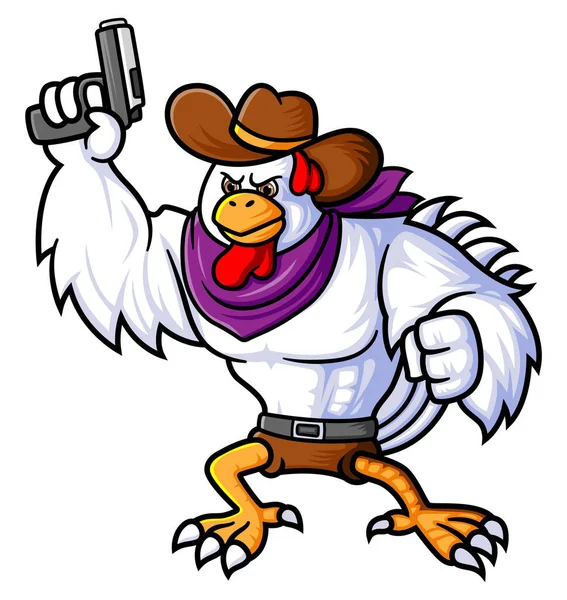Strong Rooster Wearing Cowboy Costume Posing Warning Shot Illustration — Stock Vector