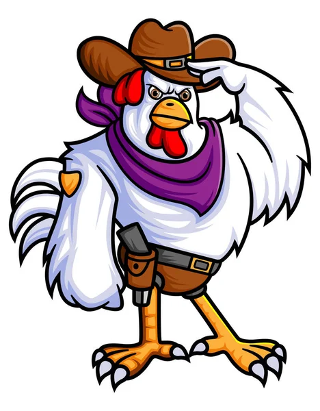 カウボーイの衣装を着た強い雄鶏がイラストの敬礼のポーズをとっている — ストックベクタ