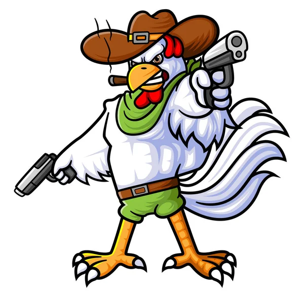 Strong Rooster Wearing Cowboy Costume Action Two Guns Illustration — Stock Vector