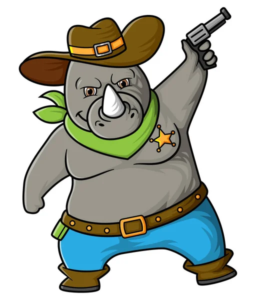 Strong Big Rhino Wearing Cowboy Costume Serving Enforcer Justice Illustration — Stock Vector