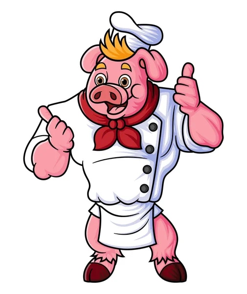一只胖胖的卡通猪 当着专业厨师 用大拇指举了一个例子 — 图库矢量图片