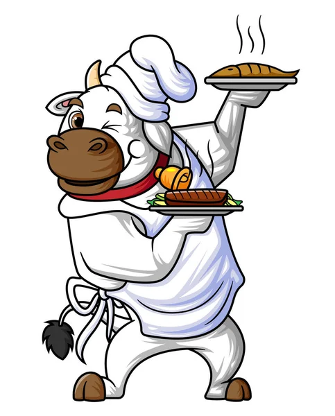 Una Vaca Dibujos Animados Gordita Trabajando Como Chef Profesional Llevando — Archivo Imágenes Vectoriales