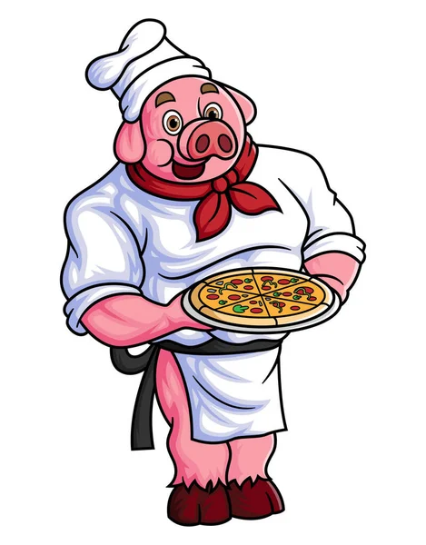 Chubby Cartoon Pig Working Professional Chef Carrying Large Pizza Plate — Stock Vector