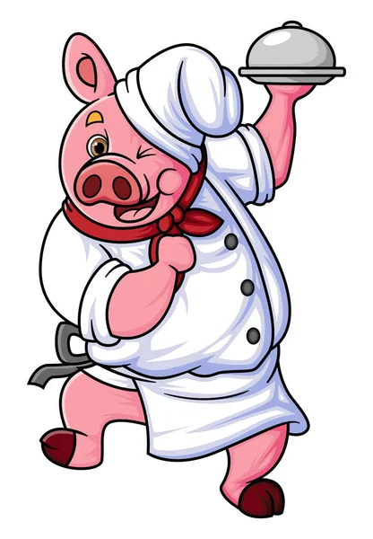 Chubby Cartoon Pig Working Professional Chef Feeling Happy Dancing While — Stock Vector