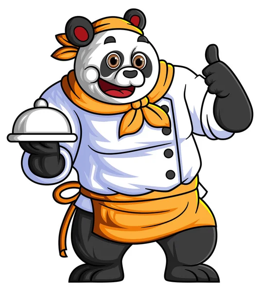 Cute Cartoon Panda Working Professional Chef Carrying Steel Plate Posing — Stock Vector