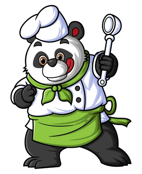 stock vector a cartoon panda wearing a chef's outfit, posing while holding a ladle of illustration