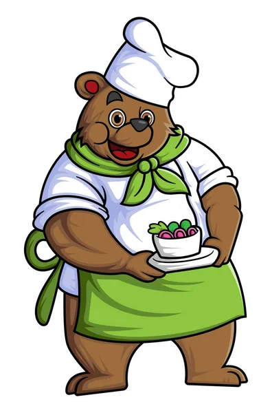 シェフの衣装を着た漫画熊が野菜のイラストを持っています — ストックベクタ