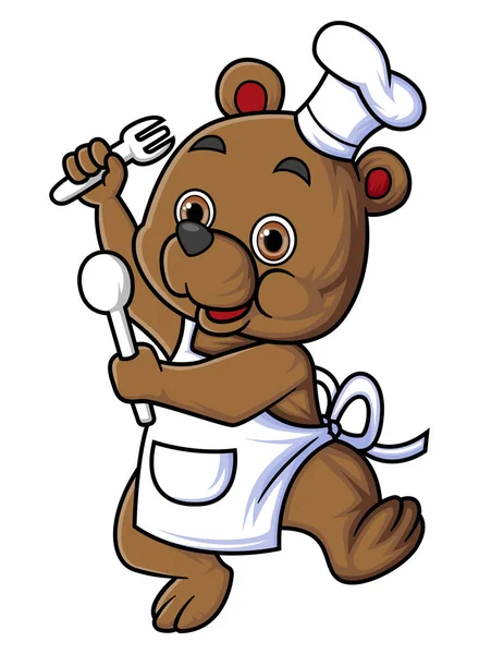 Cute Baby Bear Cartoon Character Wearing Chef Clothes Carrying Spoon — Stock Vector