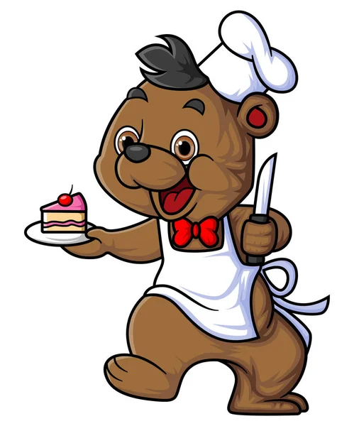 Cute Baby Bear Cartoon Character Wearing Chef Clothes Carrying Slice — Stock Vector