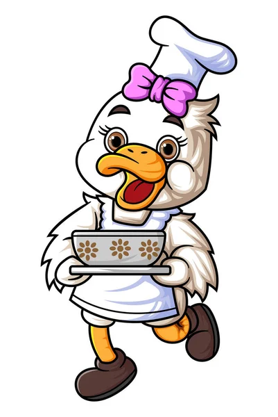 Cute Baby Duck Cartoon Character Wearing Chef Clothes Carrying Big — Stock Vector