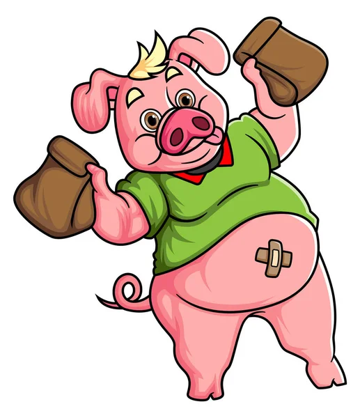 Caráter Porco Gordo Segurando Duas Parcelas Alimento Ilustração — Vetor de Stock