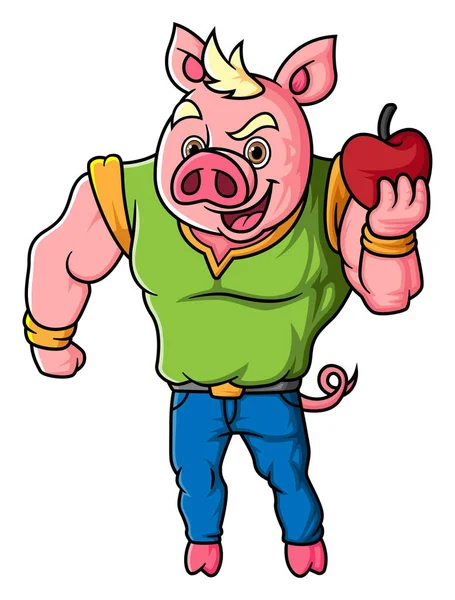 Charaktere Ein Starkes Schwein Das Einen Illustrierenden Apfel Hält — Stockvektor