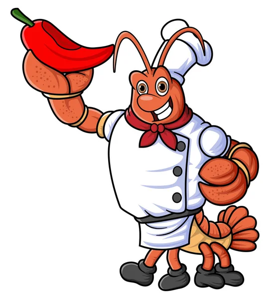 Mascot Character Lobster Works Professional Chef Posing Holding Big Chili — Stock Vector