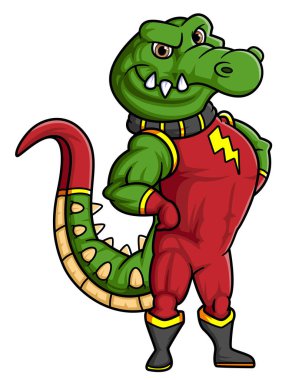 Kaslı vücudu olan kırmızı süper kahraman kostümü giyen timsah.