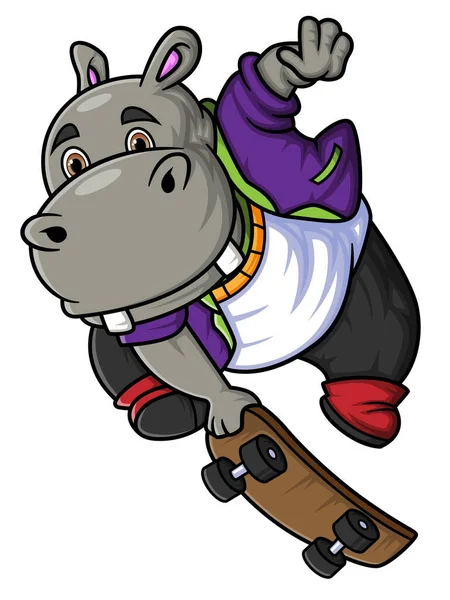 Feliz Bonito Hipopótamo Jogar Skate Ilustração — Vetor de Stock